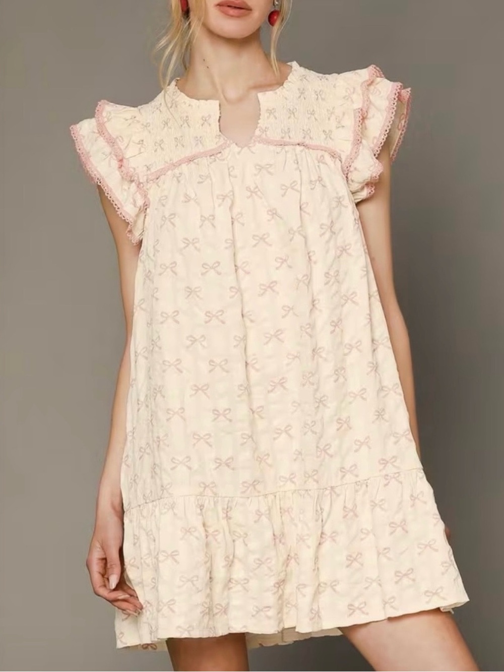 Umgee Cream Mini Dress with Pink Bow Print